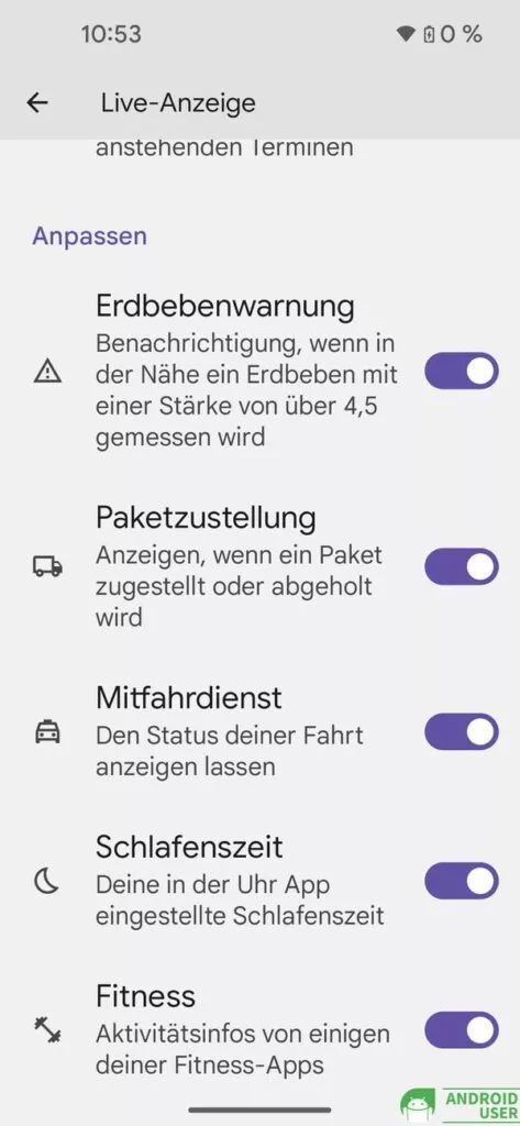 Einstellungen der ersten Seite von At a Glance
