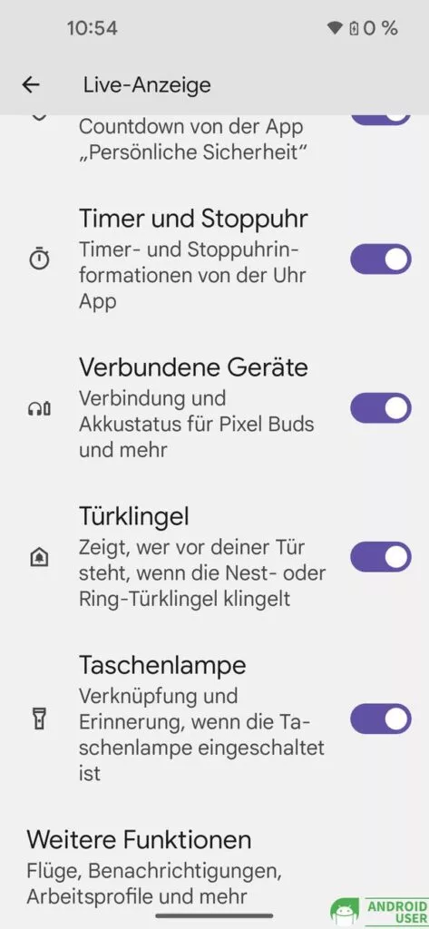 Einstellungen der 1. Seite der Live Anzeige