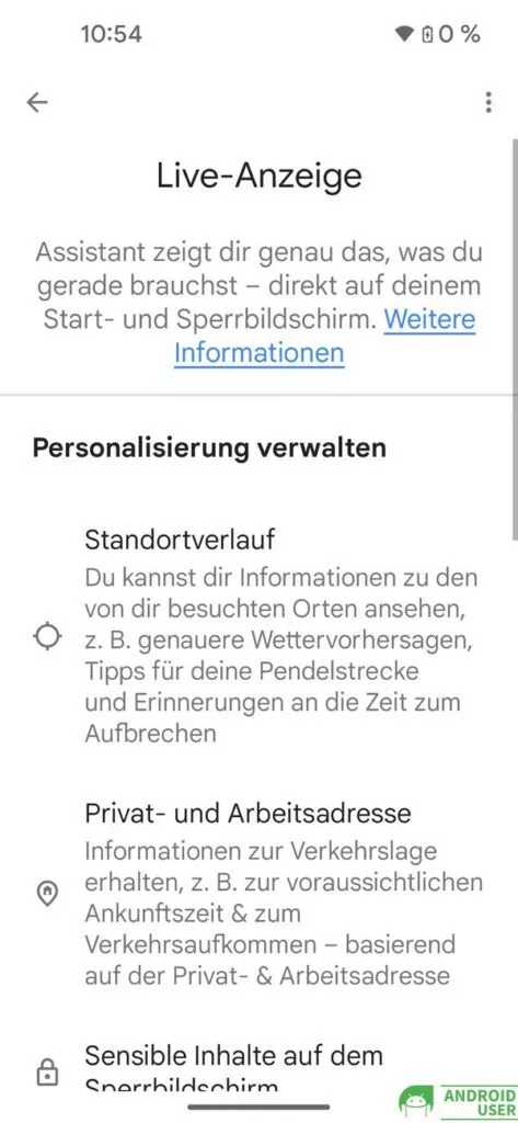 Einstellungen der zweiten Seite von At a Glance