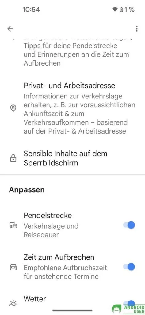 Zweite Seite der Einstellungen von At a Glance