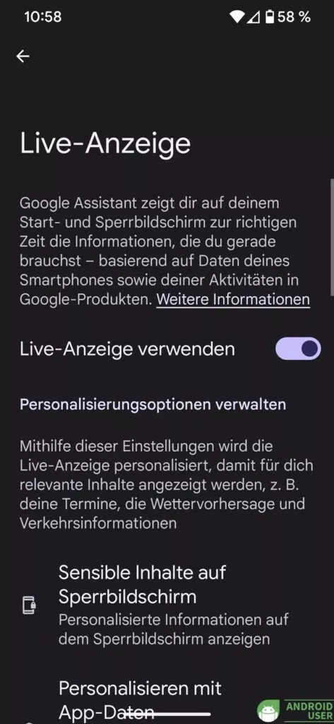 Live Anzeige Personalisierungsoptionen