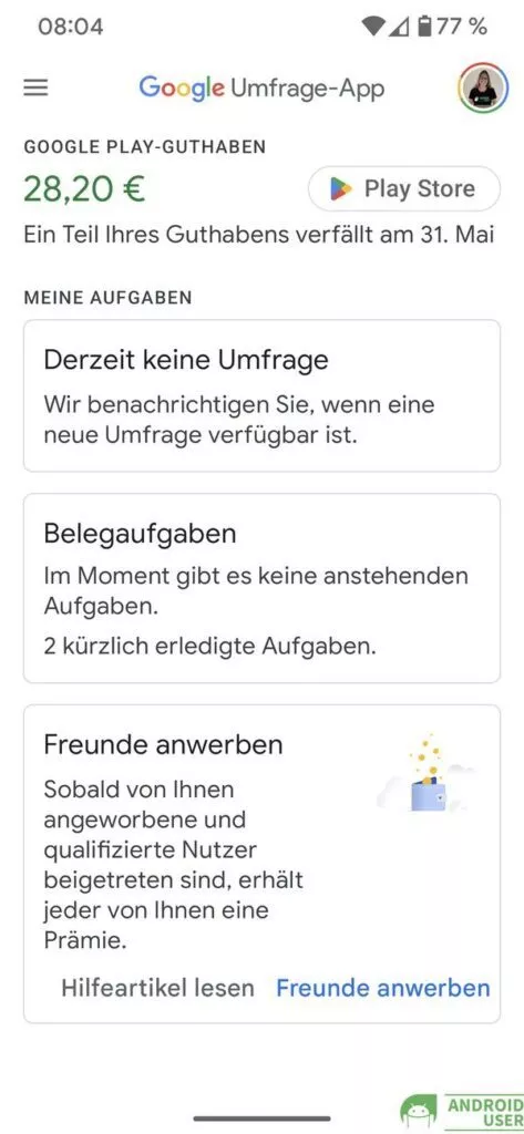 In der Google Umfrage App klickst du auf Freunde anwerben