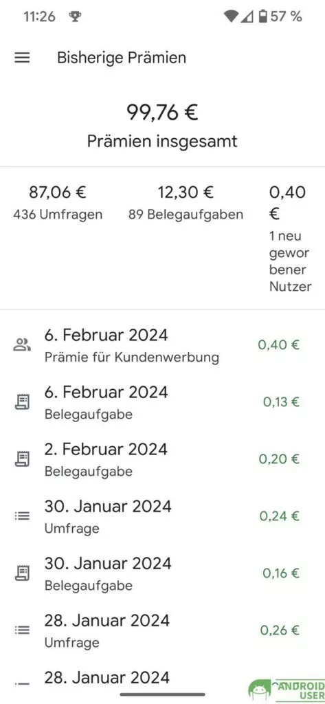 In der Google Umfrage App findest du die Prämie über das Menü