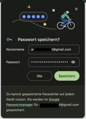 Auf einer Webseite mit dem Google Passwort Manager mit einem bestehenden Account anmelden.