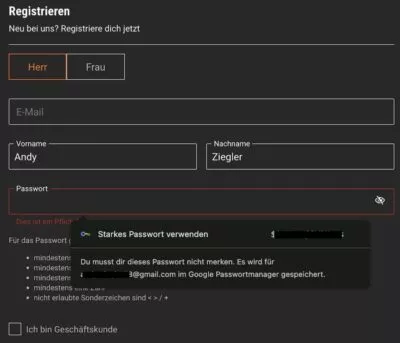 Google Passwort Manager auf einer Webseite nutzen, auf der man sich mit einem neuen Account neu registriert.