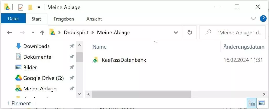 Du legst deine KeePass-Datenbankdatei direkt in einen Unterordner in Google Drive Meine Ablage
