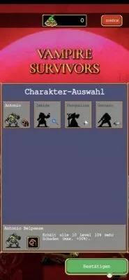Charakter Auswahl in Vampire Survivors