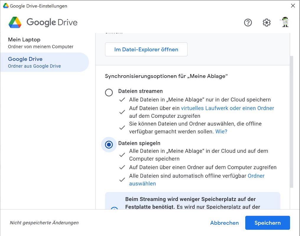 Die Spiegelung der Dateien sollte aktiviert werden, damit du auch offline Zugriff hast.