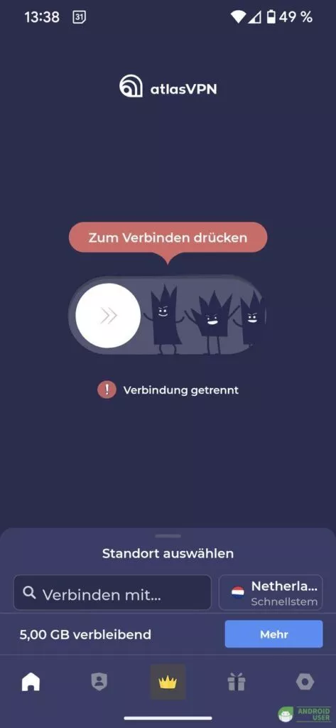 Auf der Startseite verbindest du das Atlas VPN für Android