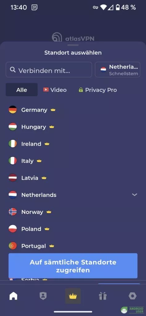 Wenige Server sind in der Gratisversion von Atlas Vpn für Android vorhanden