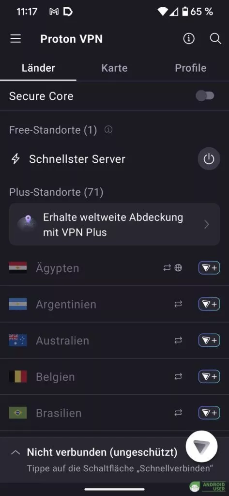 Startseite von Proton VPN für Android