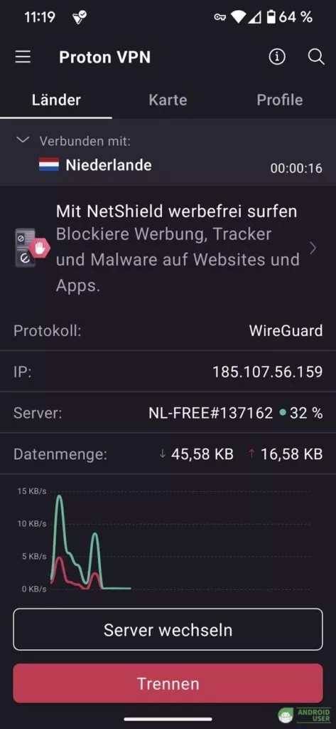 Sämtliche Infos werden in Proton VPN für Android angezeigt