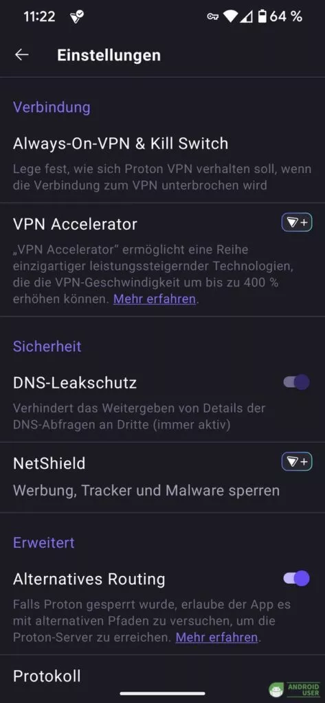 Die Einstellungen von Proton VPN für ANdroid