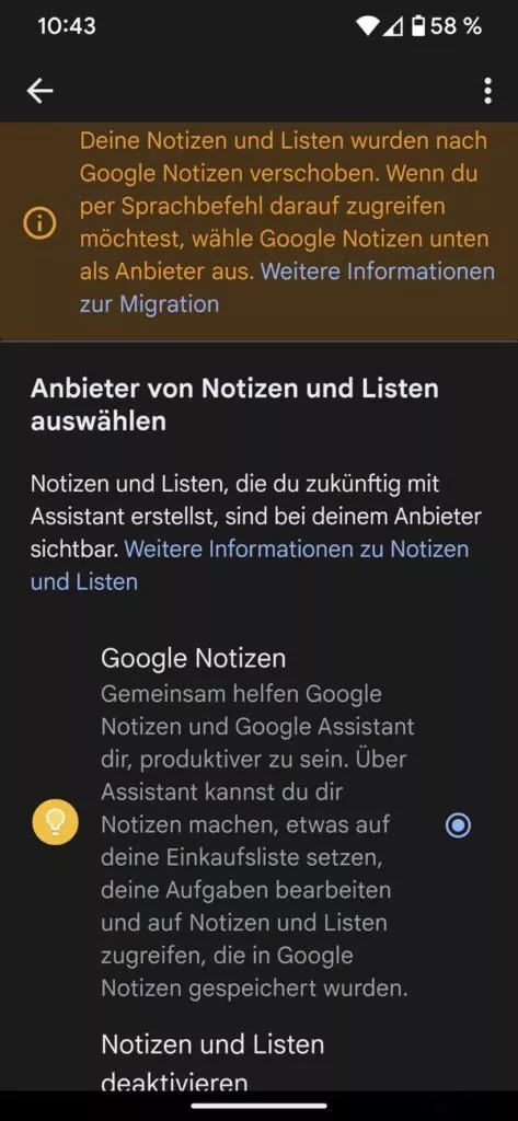 Google Notizen muss anmarkiert sein