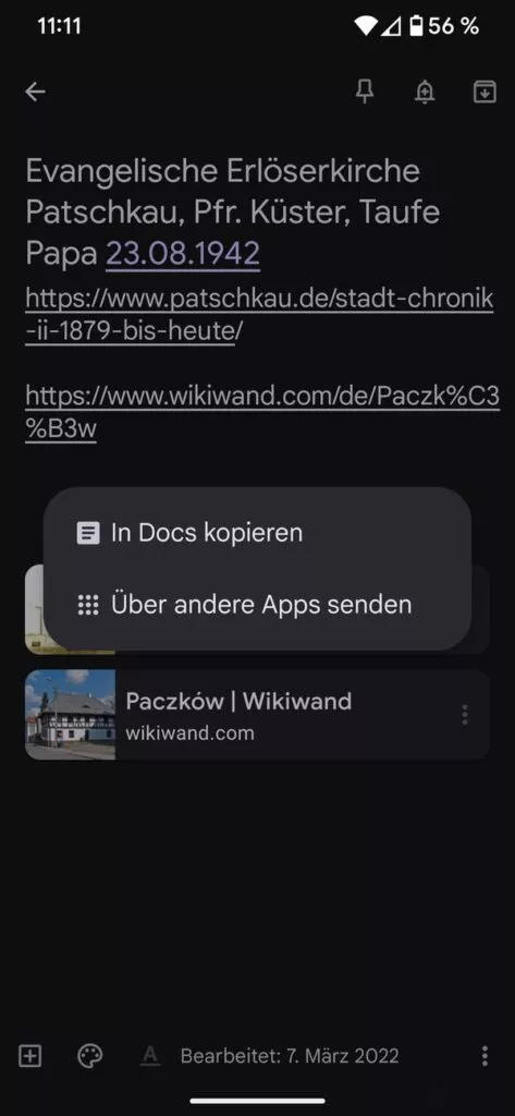 Über die Notizen App eine Notiz in Docs kopieren