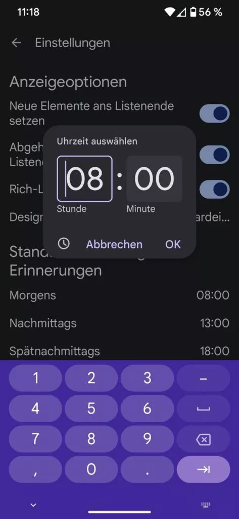 Die Uhrzeit für eine Erinnerung lässt sich anpassen