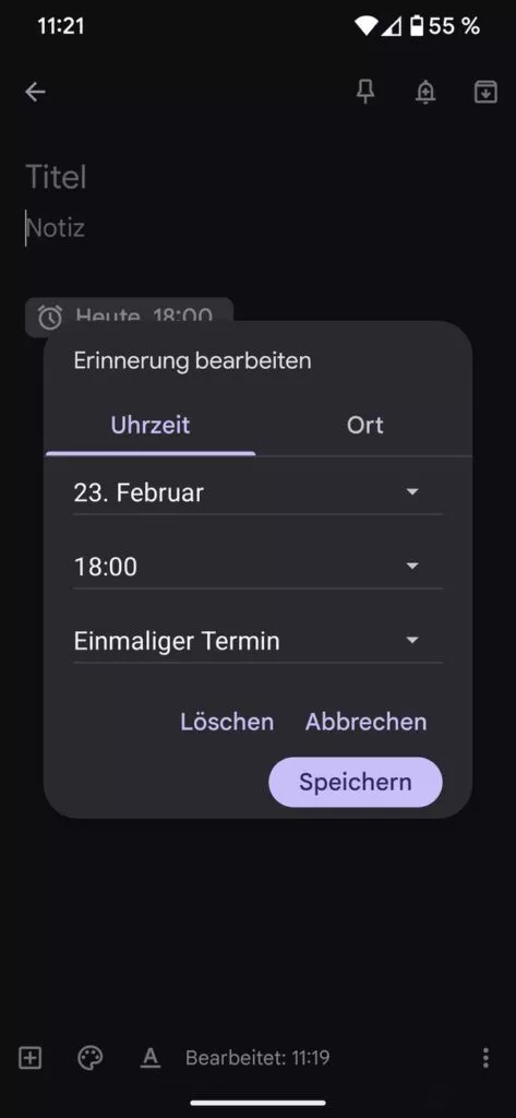 Du wählst eine Zeit für die Erinnerung in Google Notizen