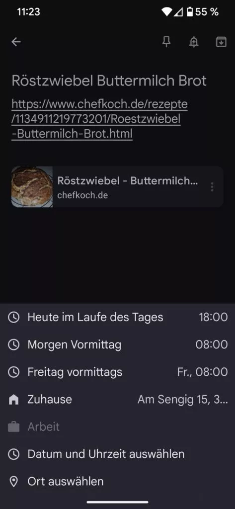 Über den Glockenbutton stellst du eine Erinnerung für eine Notiz ein