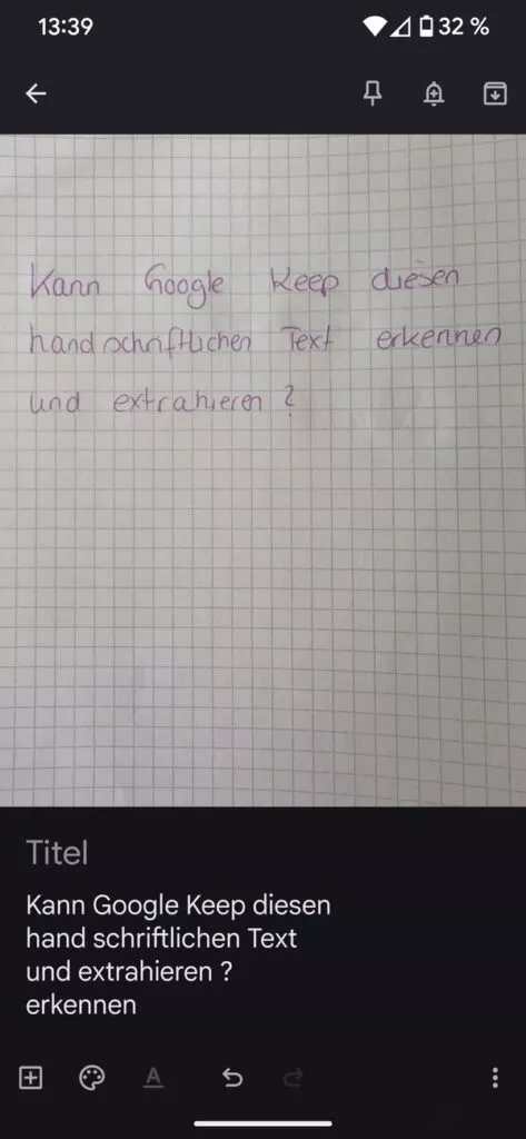 Der Text wird unterhalb des Bildes in einer Notiz angezeigt
