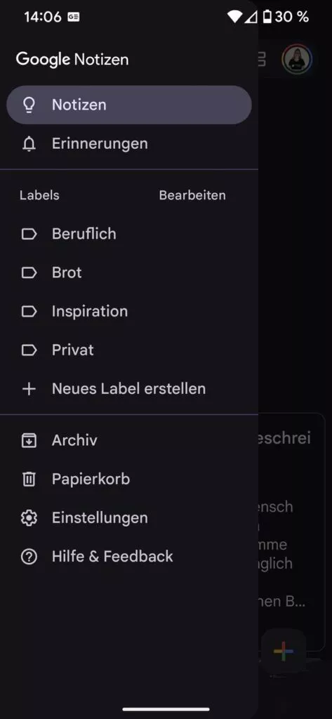 Gelöschte Notizen befinden sich im Papierkorb, den du über das Menü aufrufst