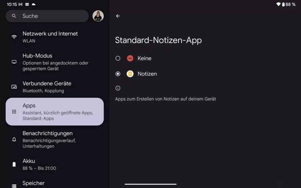 Du legst Google Notizen als Standard App für Notizen fest