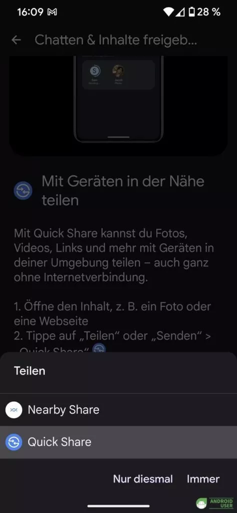 Du wählst aus, ob du Nearby Share oder Quick Share nutzen möchtest