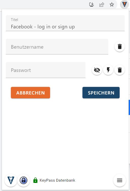 Über die Chrome Erweiterung legst du einen neuen Eintrag beispielsweise für Facebook an.
