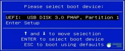 Das Boot-Menü des MiniPCs. Hier wählst du den USB-Stick aus.