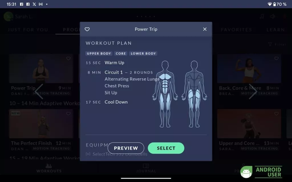 Übersicht der Muskelgruppen in einem Workout.