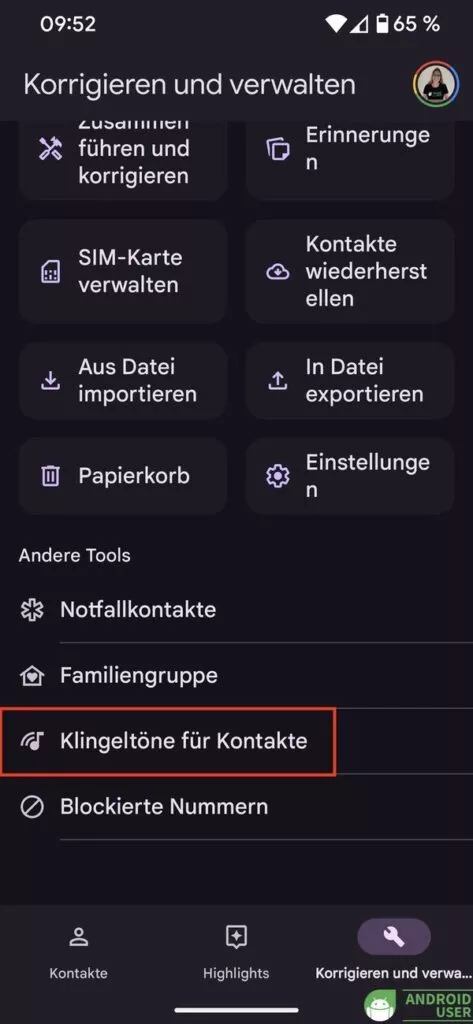 Klingeltöne für Kontakte neuer Bereich
