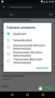 Android Entwickleroptionen Farbraum simulieren