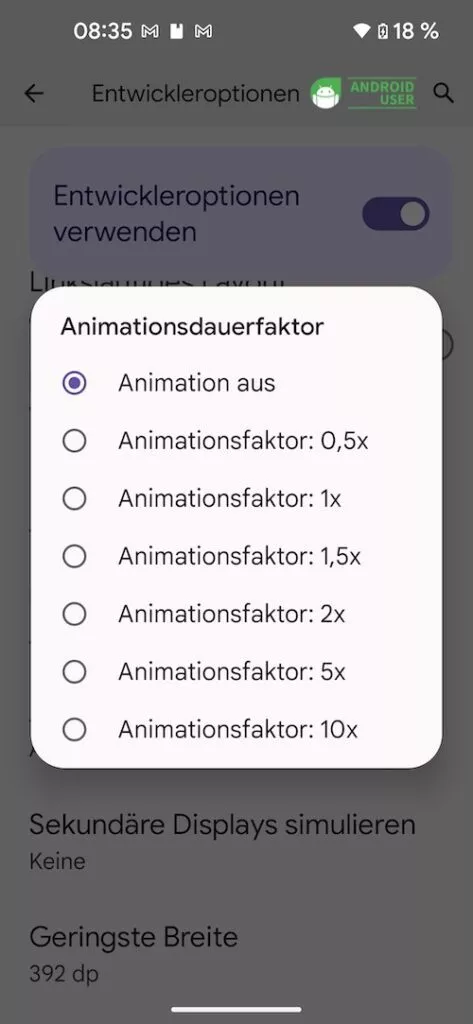 Den Animatinosdauerfaktor findest du in den Entwickleroptionen. Diese Animation kannst du hier deaktivieren.