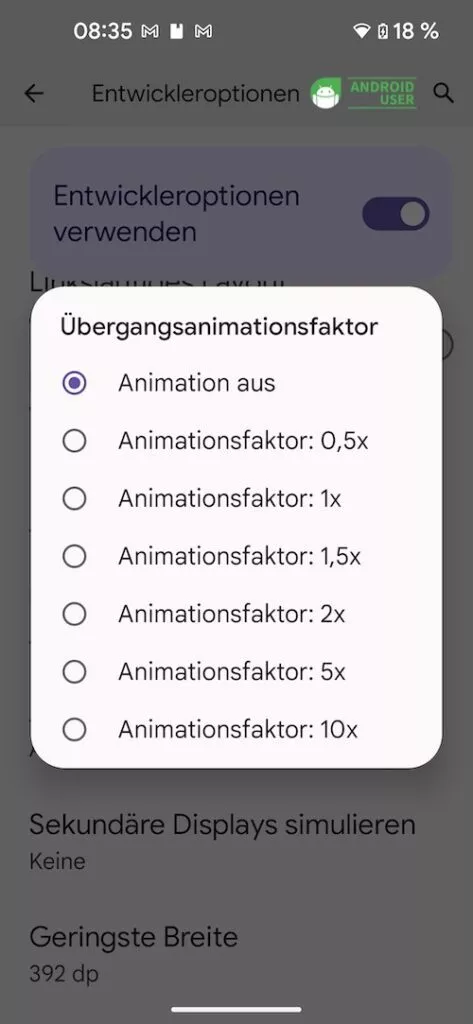 In den Entwickleroptionen kannst du die Animation in dem Menüpunkt Übergangsanimationsfaktor deaktivieren, um dein Handy schneller zu machen.