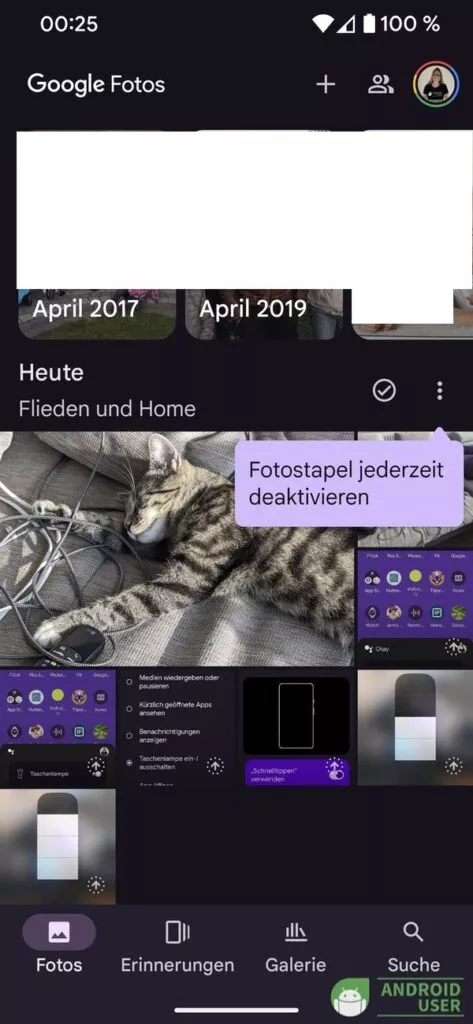 Fotostapel deaktivieren über die 3 Punkte