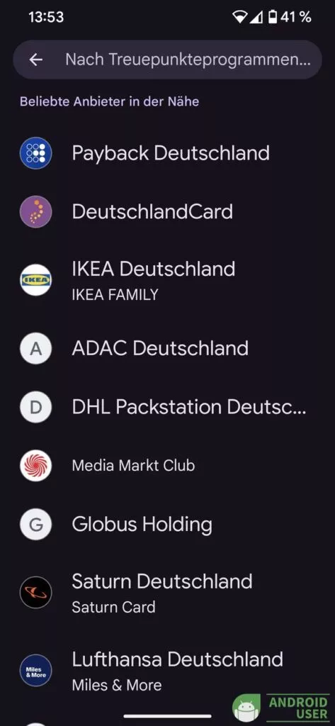 Anbieter der Treuekarte auswählen