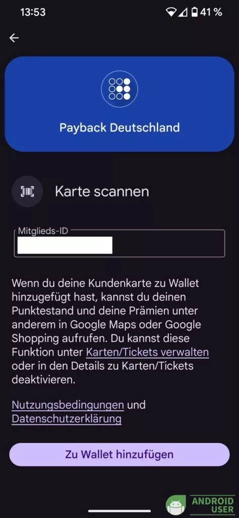 Karte scannen oder Mitglieds ID manuell eintragen