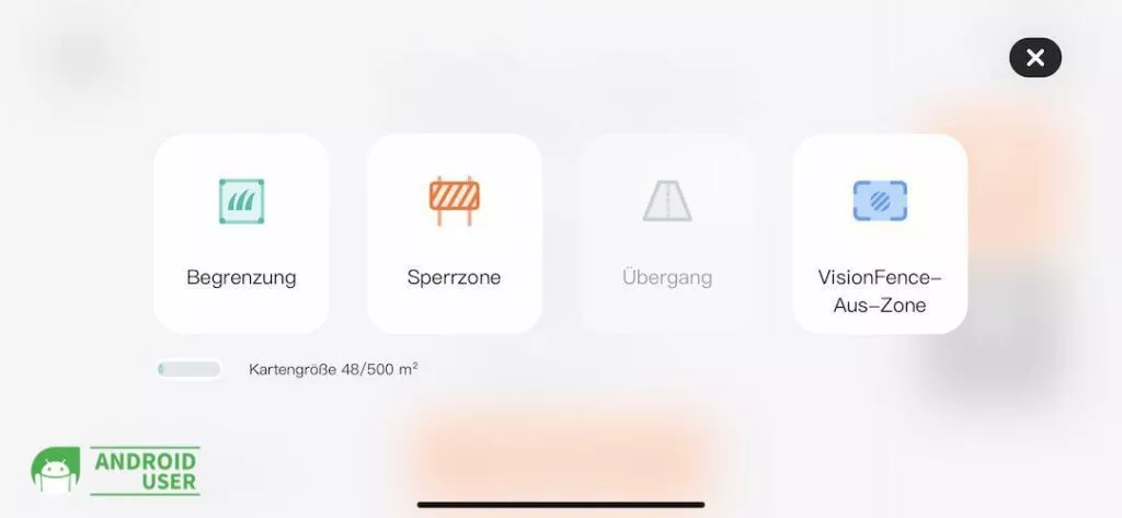Du kannst die Karte bearbeiten und Begrenzungen, Sperrzonen, Übergänge oder VisionFence-Aus-Zonen definieren.