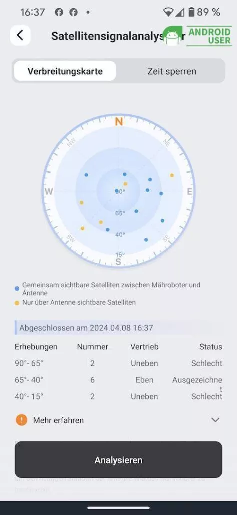 Mit dem Satellitensignal-Analysator als Referenz findest du den richtigen Standort für die Antenne.