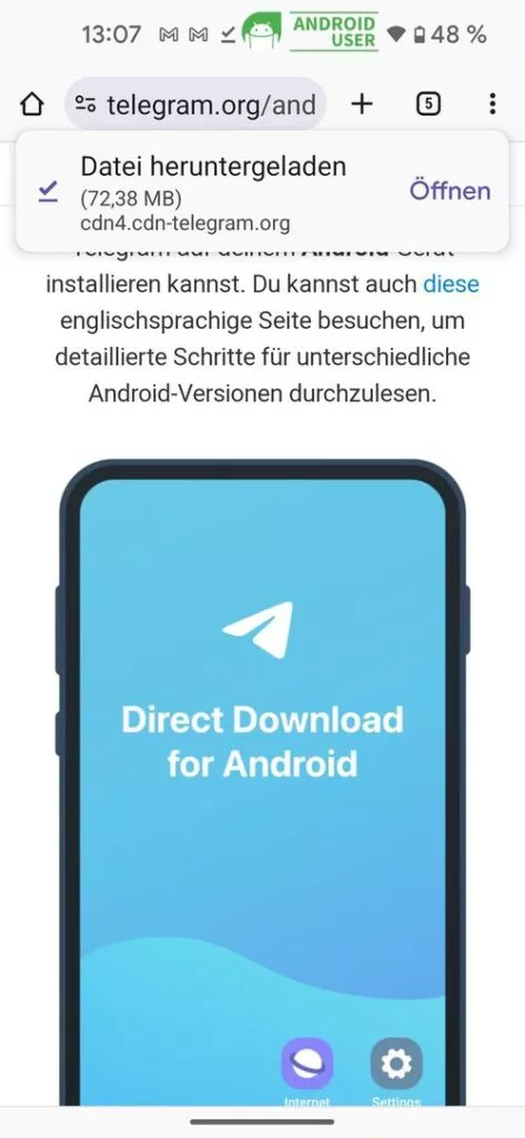 Download der Telegram-APK von der Webseite des Herstellers.