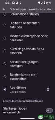 Schnelltippen um Google Wallet zu öffnen