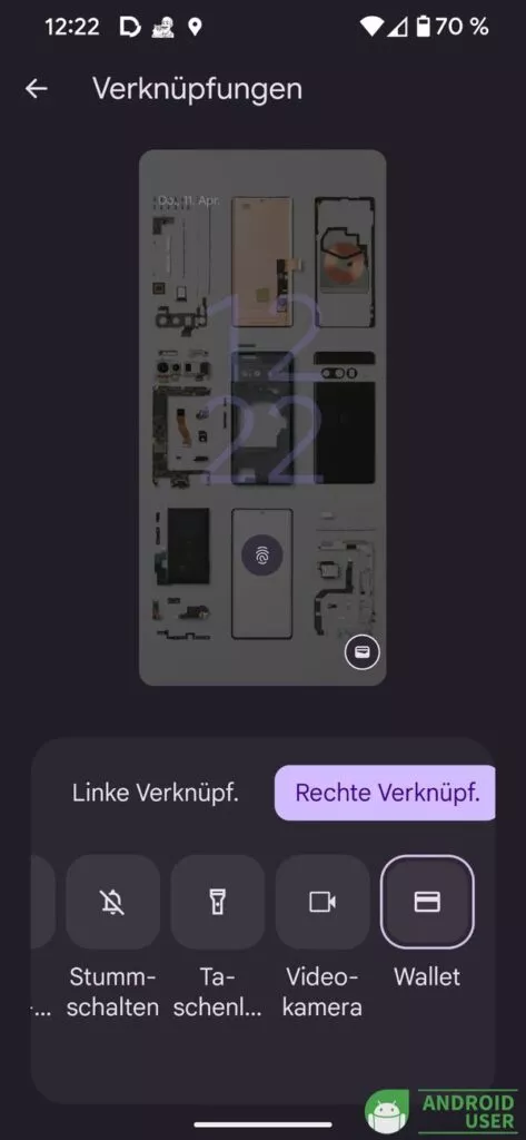 Rechte oder linke Verknüpfung für die Google Wallet App Verknüpfung auswählen