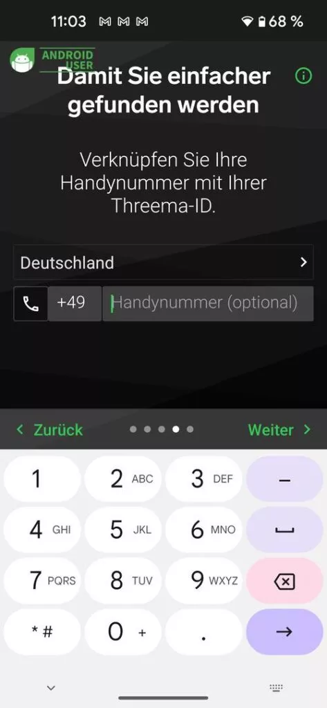 Die Verwendung der Handynummer ist optional.