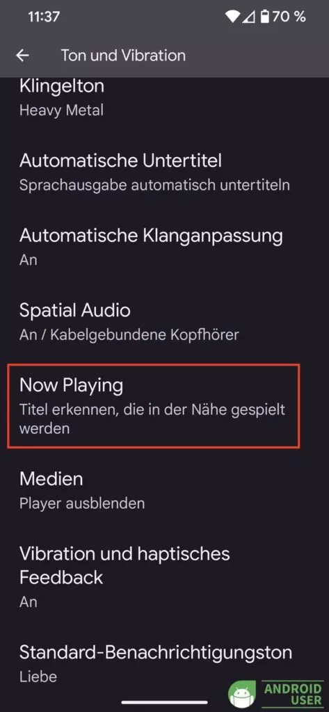 Now Playing aktivieren um Musik zu erkennen