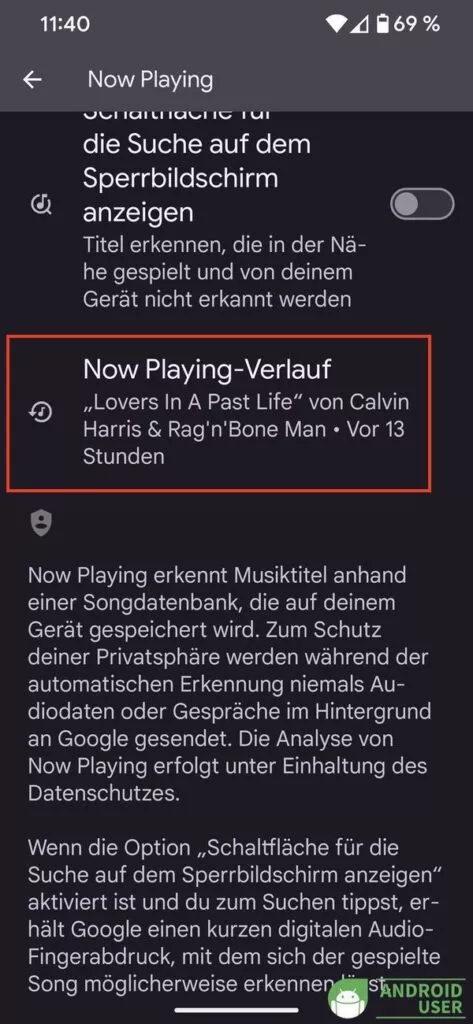 Der Now Playing Verlauf enthält alle erkannten Musiktitel