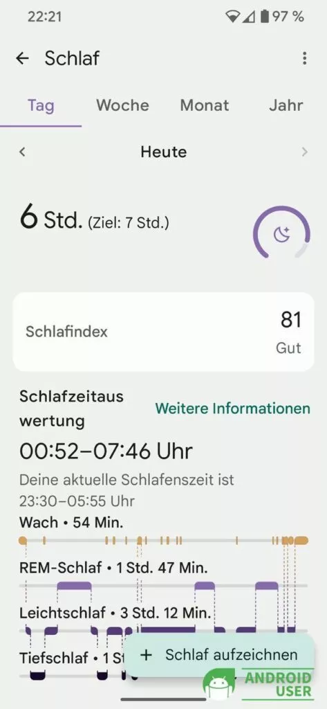 Schlaftracking detaillierte Ansicht