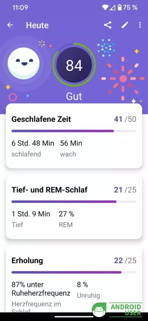 Geschlafene Zeit in der Fitbit App