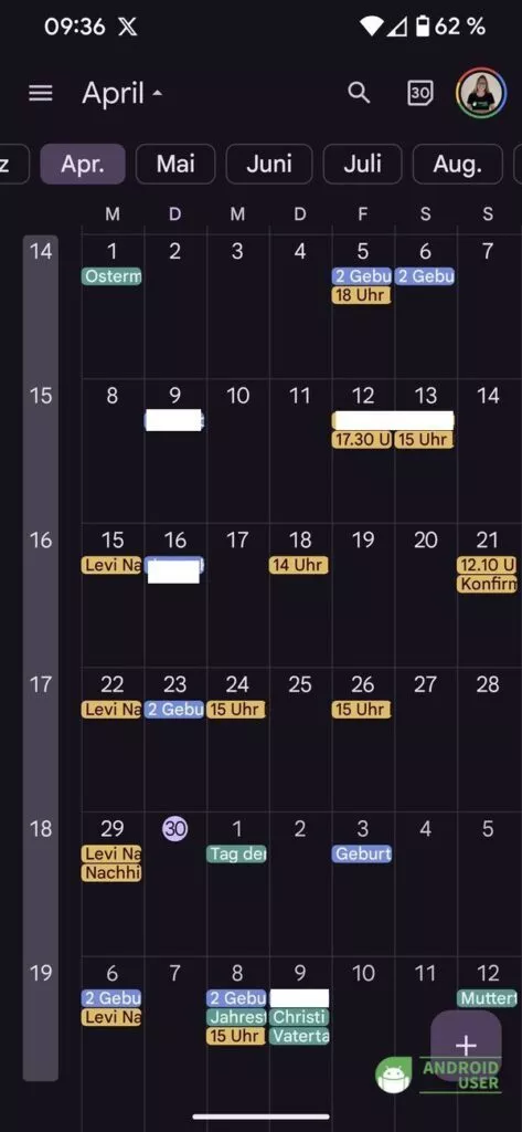 Google Kalender Monatsansicht mit Chips zum besseren Scrollen