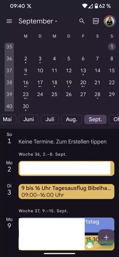 Monatsübersicht und Terminübersicht zusammen im Google Kalender, leichterer Monatswechsel durch die Chips