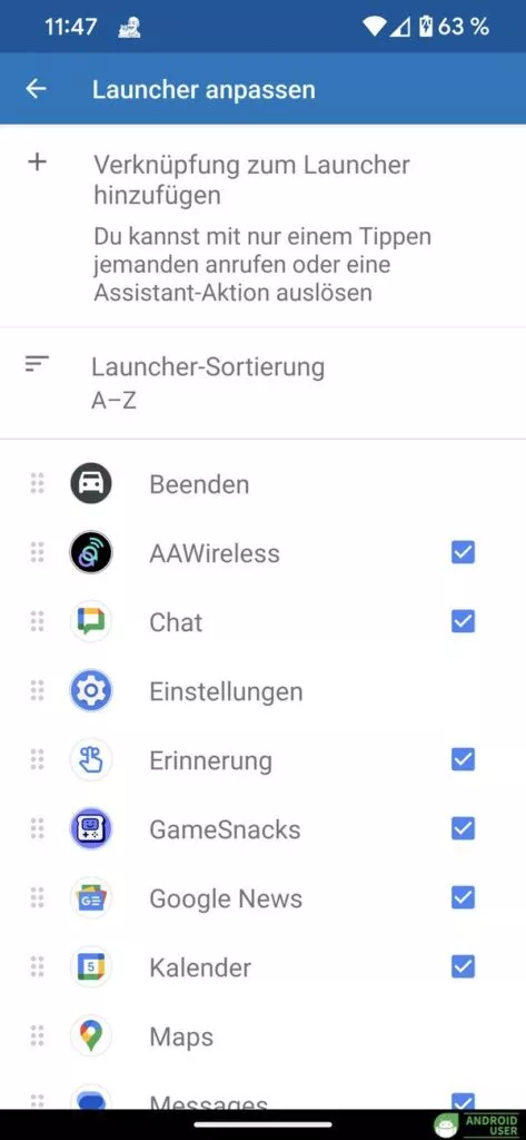 Launcher Anzeige von Android Auto