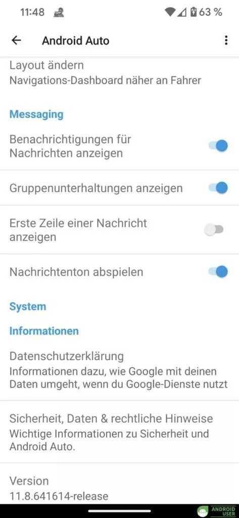 Verschiedene Einstellungen von Android Auto